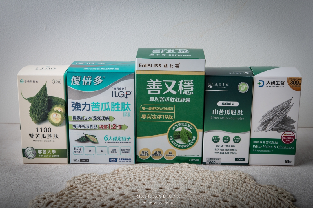 【苦瓜胜肽】市售5款高劑量『苦瓜胜肽』真實實測評比～結合六大判斷原則，讓你挑選苦瓜胜肽更有感。益比喜善又穩超級苦瓜胜肽、營養師輕食雙苦瓜胜肽、達摩草本、大研生醫、倍多優。