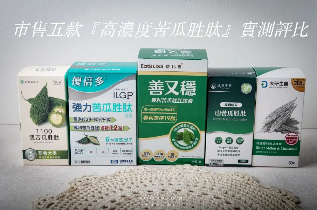 【苦瓜胜肽】市售5款高劑量『苦瓜胜肽』真實實測評比～結合六大判斷原則，讓你挑選苦瓜胜肽更有感。益比喜善又穩超級苦瓜胜肽、營養師輕食雙苦瓜胜肽、達摩草本、大研生醫、倍多優。 @麥仔の食尚生活